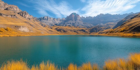 Wall Mural - Stunning Alpine Lake with Crystal Clear Blue Waters in Autumn Surrounded by Majestic Mountains Under Vibrant Blue Sky and Striking Cloud Formations