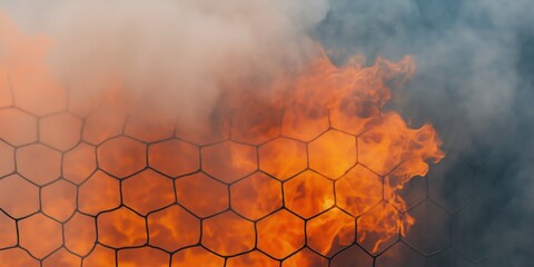 Wall Mural - A close up of a fire with smoke and orange flames. The fire is surrounded by a mesh fence, and the smoke is billowing out from the top. Concept of danger and destruction
