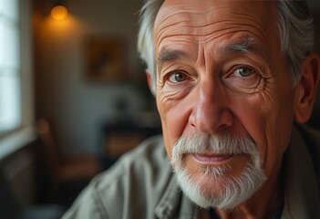 Wall Mural - Close-up of an elderly individual with gray hair in a cozy indoor setting with warm light coming through a window, creating a serene and comfortable atmosphere