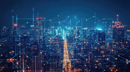 Wall Mural - a cityscape with a network of lines connecting the buildings