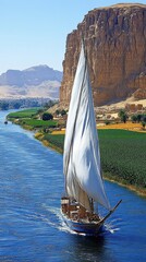 Canvas Print - Majestic Sailboat Navigating the Serene Nile River with Towering Rocky Cliffs and Lush Green Fields in Egypt's Breathtaking Desert Landscape