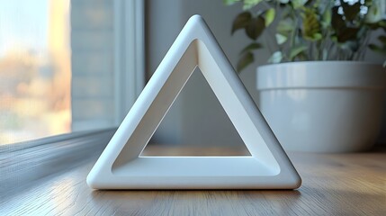 Aufkleber - White geometric pyramid shape on a window sill with a small potted plant in the background  The simple minimalist design creates a clean
