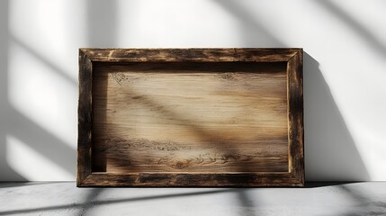 Leinwandbilder - Wooden box or frame in rustic vintage style with natural sunlight and shadow on plain minimalist background  Empty container or template for product display branding or creative composition