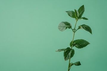 Canvas Print - Upwardly reaching basil sprig on a cool green background