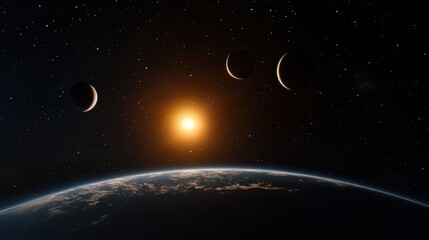 Wall Mural - the sun is shining brightly on the planet, illuminating the sky and the stars