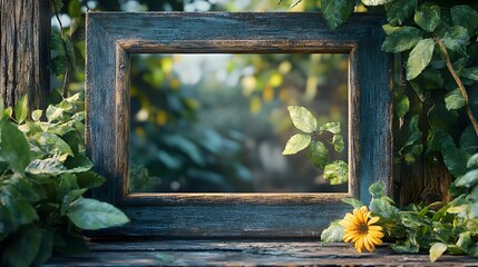 Poster - Wooden frame with rustic weathered appearance surrounded by a lush verdant display of leaves foliage and other natural elements in a peaceful tranquil outdoor setting