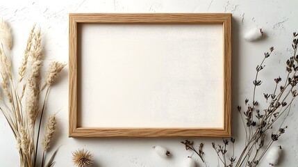 Aufkleber - Wooden photo frame with natural dry wheat and botanical floral elements arranged in a minimalist rustic style on a neutral simple background  Provides ample copy space for your or design needs
