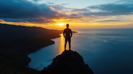 Wall Mural - A man stands on a mountain overlooking a body of water