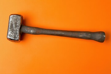 Wall Mural - Sledgehammer with weathered head and handle rests on orange background