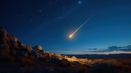 Wall Mural - A shooting star is streaking across the night sky above a rocky desert landscape