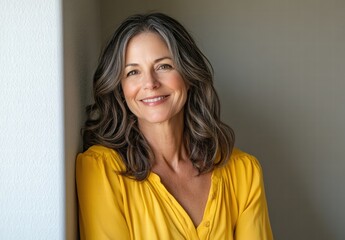 Wall Mural - A woman in a yellow shirt is smiling and posing for a picture