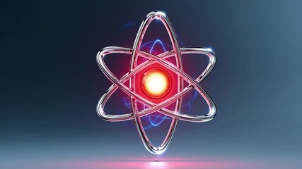 Aufkleber - A futuristic glass-like atom structure with reflective orbits and floating spheres.