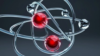 Aufkleber - A futuristic glass-like atom structure with reflective orbits and floating spheres.