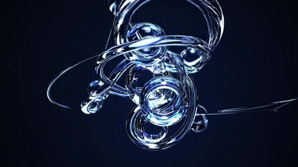 Aufkleber - A futuristic glass-like atom structure with reflective orbits and floating spheres.