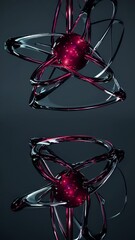 Aufkleber - A futuristic glass-like atom structure with reflective orbits and floating spheres.