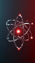Aufkleber - A futuristic glass-like atom structure with reflective orbits and floating spheres.