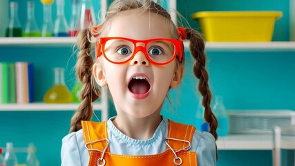 Young girl wearing glasses and an orange apron is standing in front of a table with various scientific equipment. She is smiling and she is excited about something