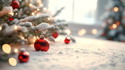 Poster - Christmas Background, Decorated Christmas Tree With Snow And Red Ornaments, Festive Atmosphere