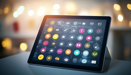 Tablet Display Showing Colorful App Icons and Stars