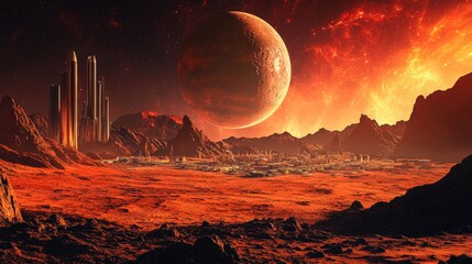 Wall Mural - a planet with a large red moon and a city in the distance