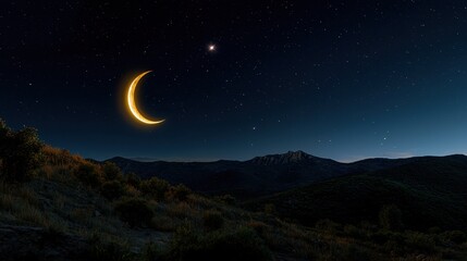 Wall Mural - A crescent moon is lit up in the night sky