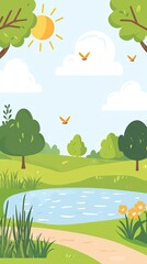 Wall Mural - Spring park scene with pond and trees. Possible use for children's book illustration or educational material