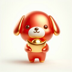 Wall Mural - 3D Chinese New Year cute gold red dog character holds an Ingot on a white background