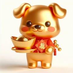 Wall Mural - 3D Chinese New Year cute gold red dog character holds an Ingot on a white background