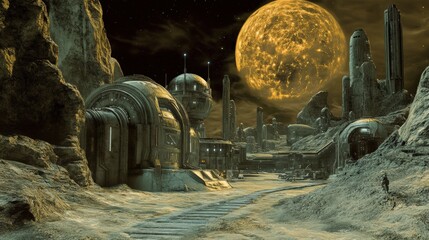 Wall Mural - A desolate landscape with a large yellow sun in the sky