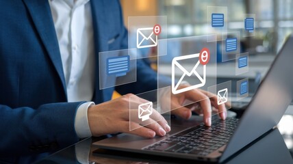 businessman managing emails on laptop,digital communication