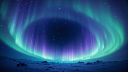 Mesmerizing green and lavender auroras encircle a dark void on a midnight blue canvas creating a celestial light show