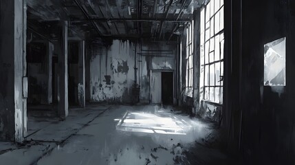 Fototapete - Abandoned and Decaying Industrial Warehouse Interior with Grungy Textures and Moody Lighting