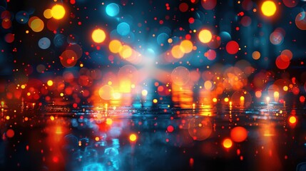 Wall Mural - raindrops and city lights create a mesmerizing pattern of red, blue, and orange bokeh against a dark