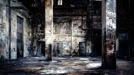 Aufkleber - Abandoned Industrial Warehouse with Grunge Textures and Atmospheric Lighting