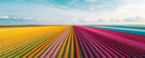 Vibrant flower fields in full bloom with colorful stripes and wind turbines
