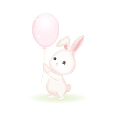 Wall Mural - Cute Bunny holding pink balloon llustration