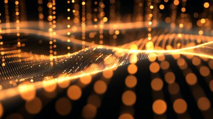 Wall Mural - Golden data streams flowing, dark background, digital illustration, tech presentation