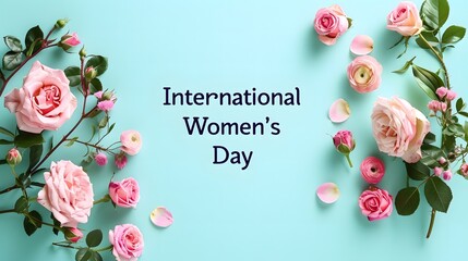 international women's day isolated background with pink roses and ranunculus flowers on light blue. 