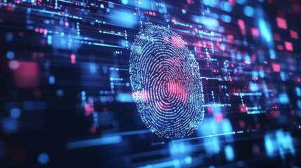 Digital Fingerprint ID: Biometric data depicted with glowing particles against a blue tech backdrop, representing security and identification systems.