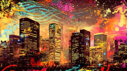 Aufkleber - Dazzling Cityscape of Illuminated Skyscrapers and Vibrant Fireworks Display in a Futuristic Metropolis at Night