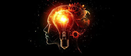 Wall Mural - A glowing light bulb inside a human head with gears, symbolizing AI and innovation, sleek futuristic design, vibrant glowing connections, modern technology