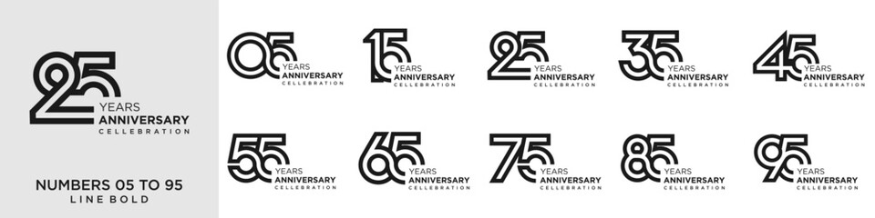 collection anniversary 15 to 95 year, creative number design vector illustration.