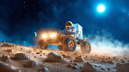 Wall Mural - an astronaut navigates an off-road vehicle across the moon's rocky terrain while bright stars and pl