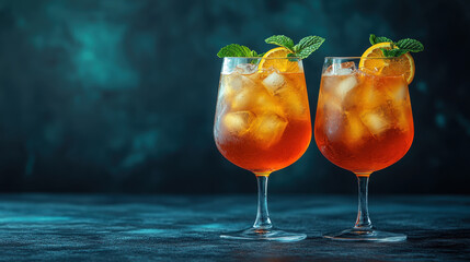 Refreshing cocktail with ice, mint, and orange slices on dark background