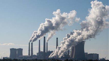 Wall Mural - A sprawling industrial site with multiple smokestacks billowing shades of gray smoke into the sky