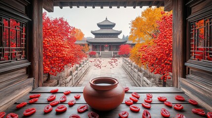 Canvas Print - Ancient Chinese Temple Courtyard in Autumn with Red Maple Leaves and Traditional Clay Pot, Capturing Serenity and Architectural Beauty in a Historic Setting