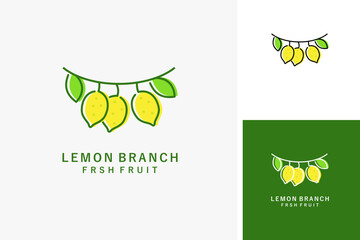 Wall Mural - Lemon branch fresh fruit line art colored logo symbol icon design illustration