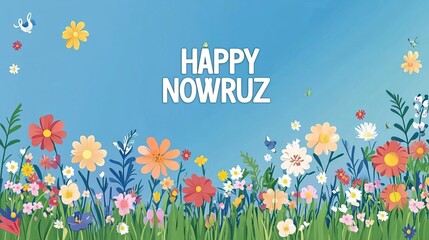 Happy Nowruz message with green grass, pink flowers, and vibrant leaves. Spring vibe AI generated image