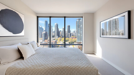 Wall Mural - Sunlit bedroom with a textured bedspread and a view of city buildings from a large window