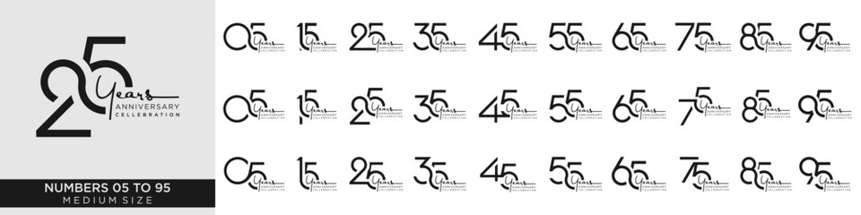 collection anniversary 15 to 95 year, creative number design vector illustration.